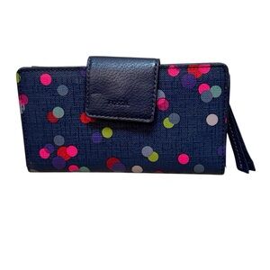 Fossil Emma Tab Small Faux Leather Navy Blue Polka Dot Clutch Wallet